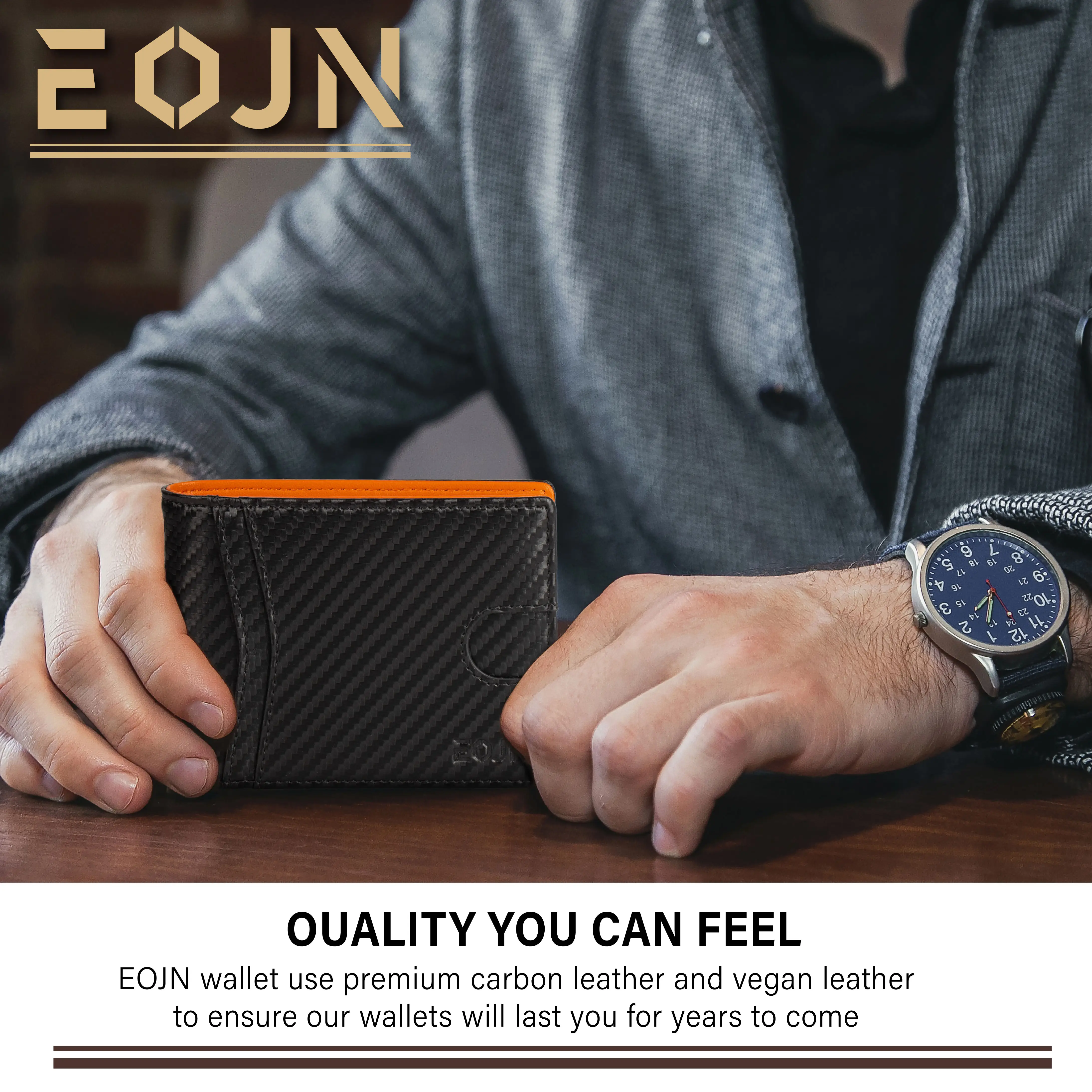EOJN Slim Mens Wallet Front Pocket with 11 Slots Minimalist RFID Blocking Credit Card Holder Carbon Fiber Money Clip in Gift Box