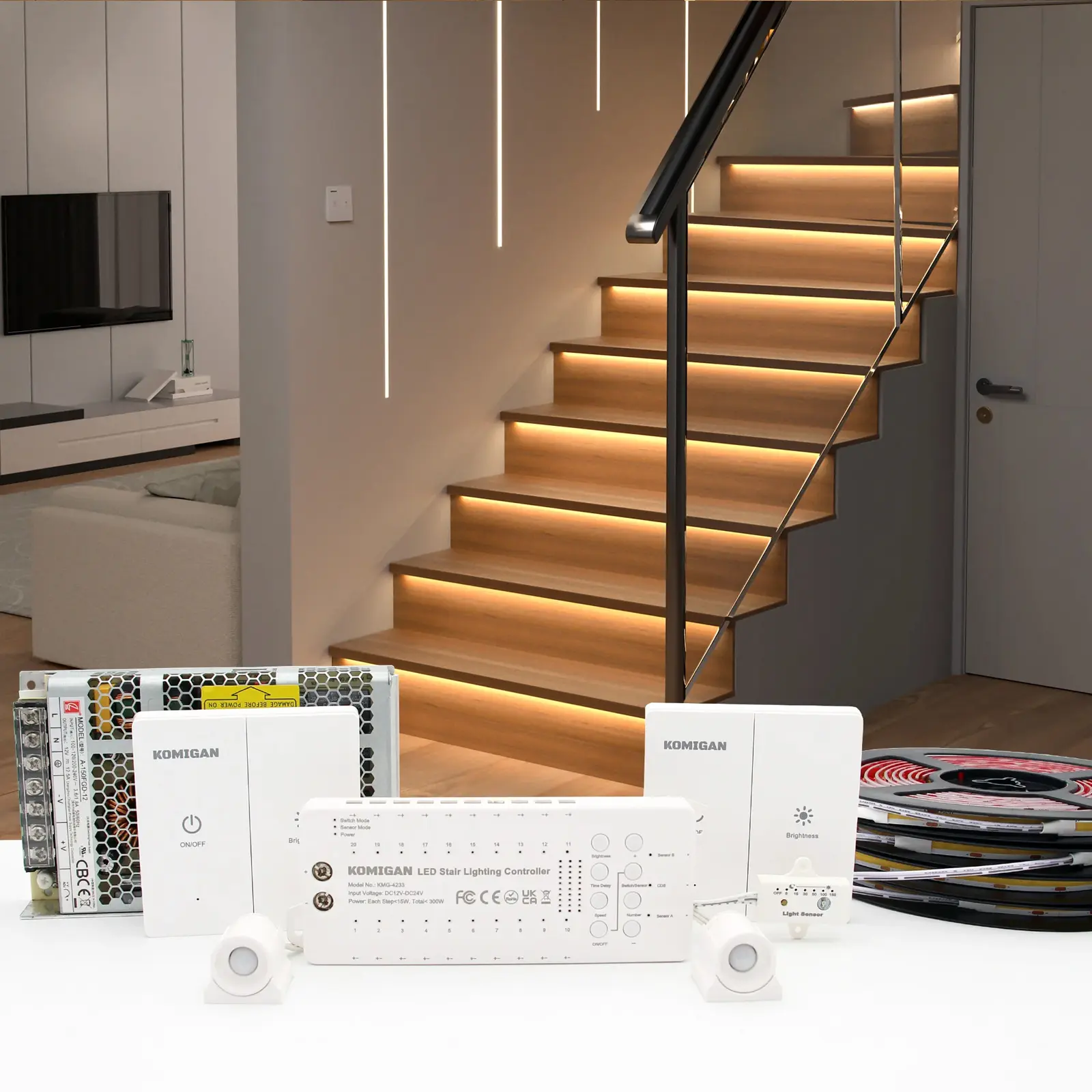KOMIGAN Motion Sensor LED Stair Light Kit KMG-4233 with Daylight Sensor, Warm White 3000K 40 Inches Long Cuttable LED Strip Light for Indoor Staircase Lighting stair lights