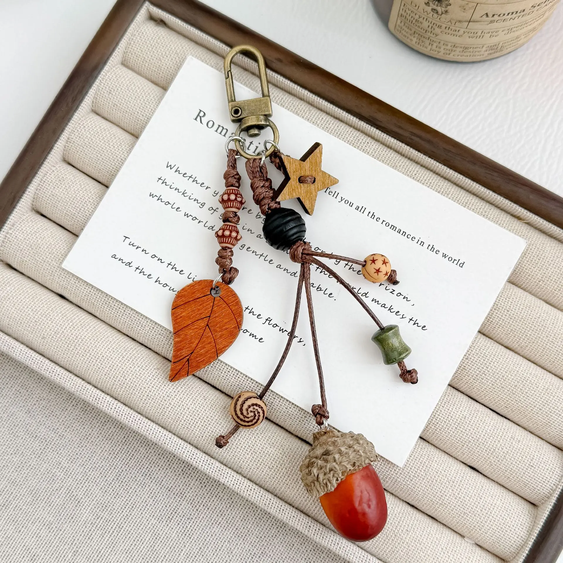 Vintage Forest Acorn Keychain Charm, Viral Cottagecore Wooden Leaf Beaded Bag Pendant, Hand Woven Wax Cord Star Bead Key Ring, Neutral Fall Nature Accessory For Backpack Purse Phone Strap & Forest Themed Gift