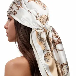 Women's Polyester Satin-Like Head Scarf , Female Printed Square Bandana Neck Wrap, 35 in