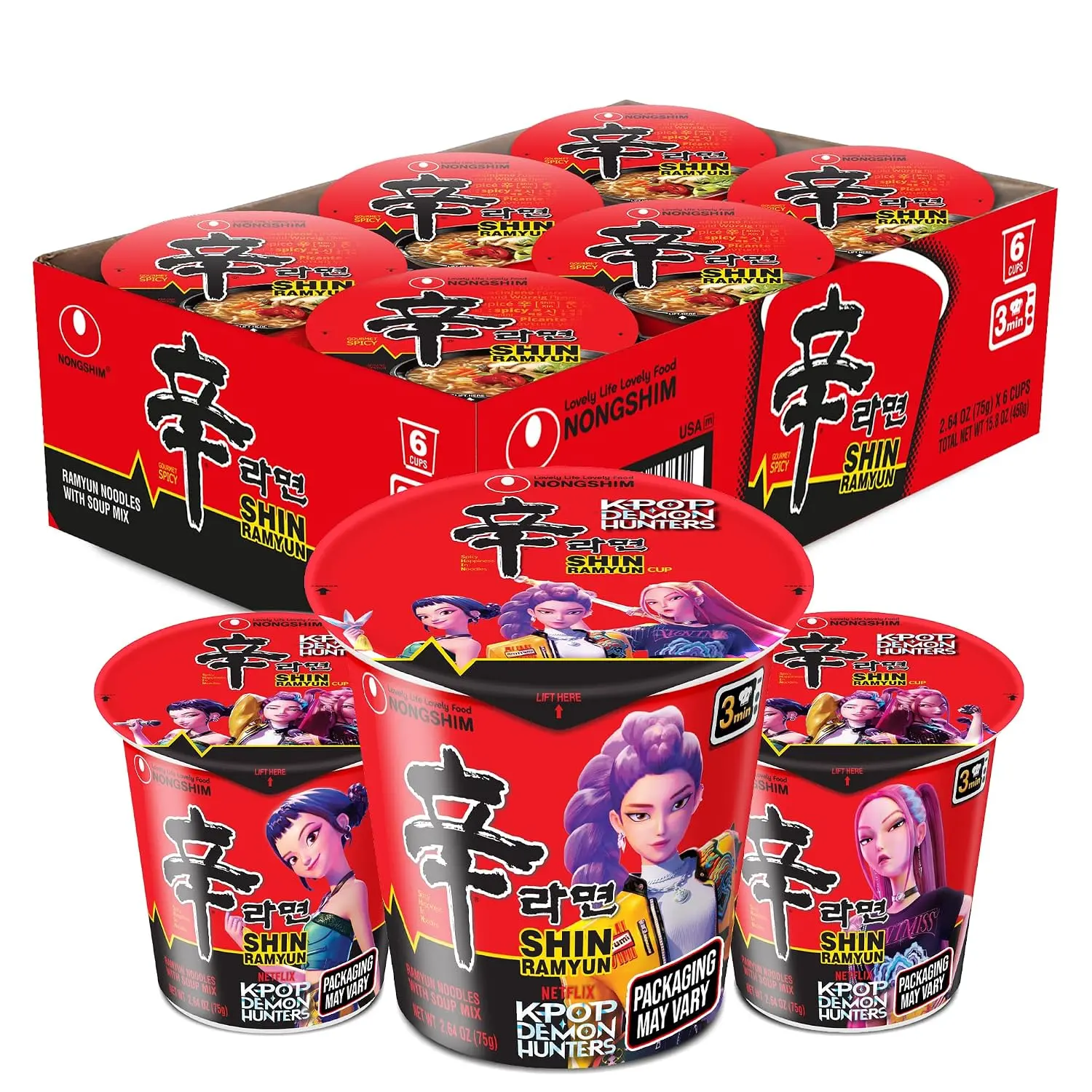 Nongshim Shin Ramyun Cup of Noodles, Spicy Signature Korean Instant Ramyun, Rich Beef Flavored Broth, Quick and Easy, Microwaveable Cup, 2.64 oz (Pack of 6)