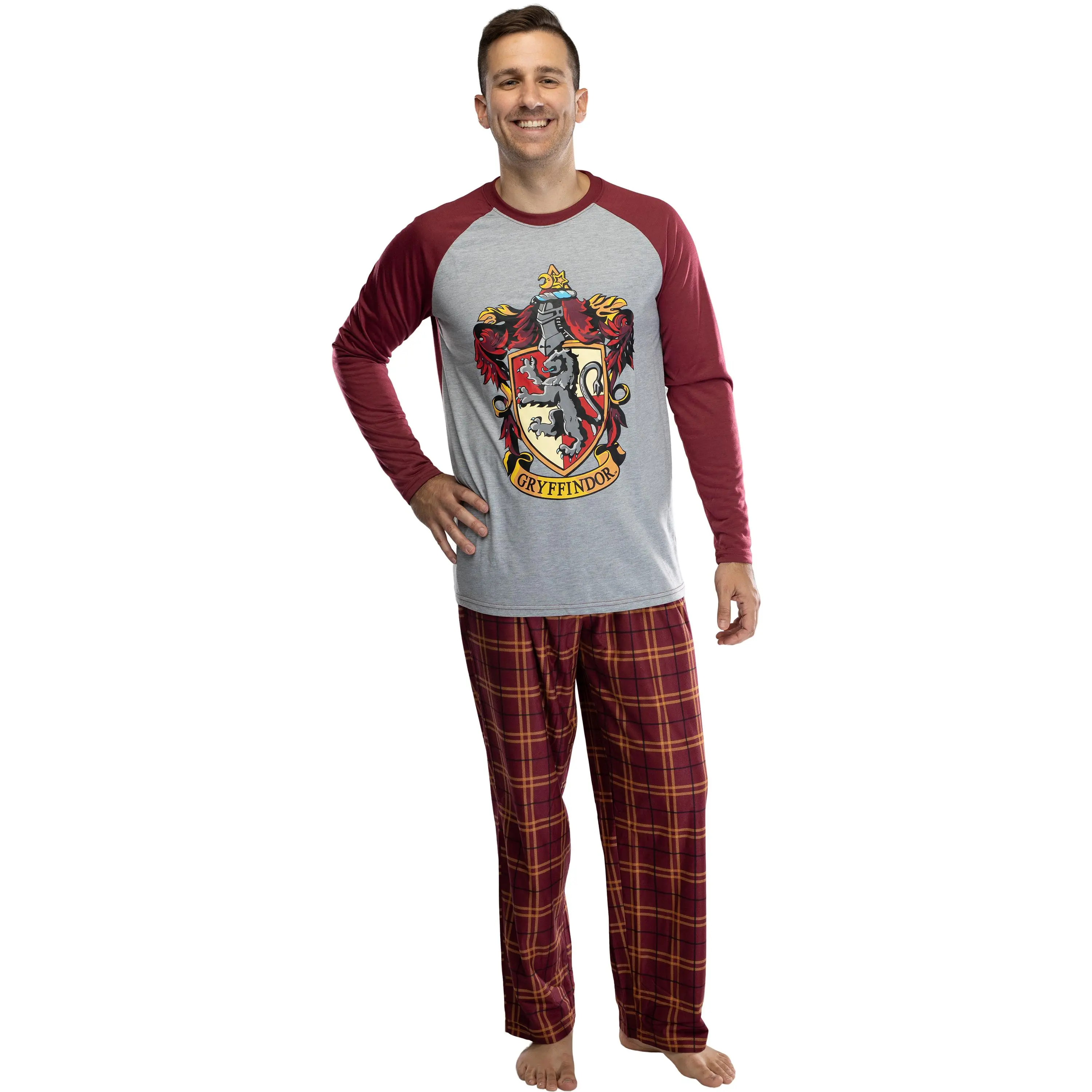 WB - Warner Bros Harry Potter Men's 2-Piece Polyester Raglan Shirt & Plaid Pajama Pants Set, Menswear Apparel Clothes for Lounge Sleepwear (Gryffindor, Ravenclaw, Slytherin, Hufflepuff), Pajama Set, Long Sleeve, Matching