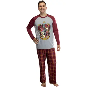 Harry Potter Mens' 2PC Raglan Shirt Plaid Pajama Pants Set Lounge Sleepwear Gryffindor Ravenclaw Slytherin Hufflepuff