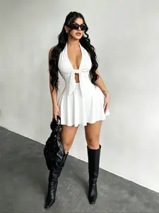 Women's Halter Deep V Neck Mini Dress, Front Tie Hollow Out Short Skirt, Sexy Sleeveless Backless Party Dress, Elegant Evening Wear