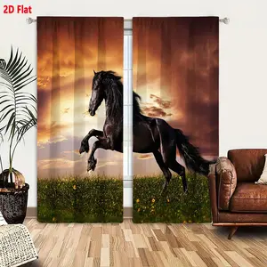 2D Flat 2 Piece Curtain Set, Black Horse in Sunset Meadow Pattern, Grassy Field with Yellow Flowers, Dramatic Sky Swirling Golden-Orange & Purple, Ethereal Grand Atmosphere, Home Decor for Living Room Bedroom