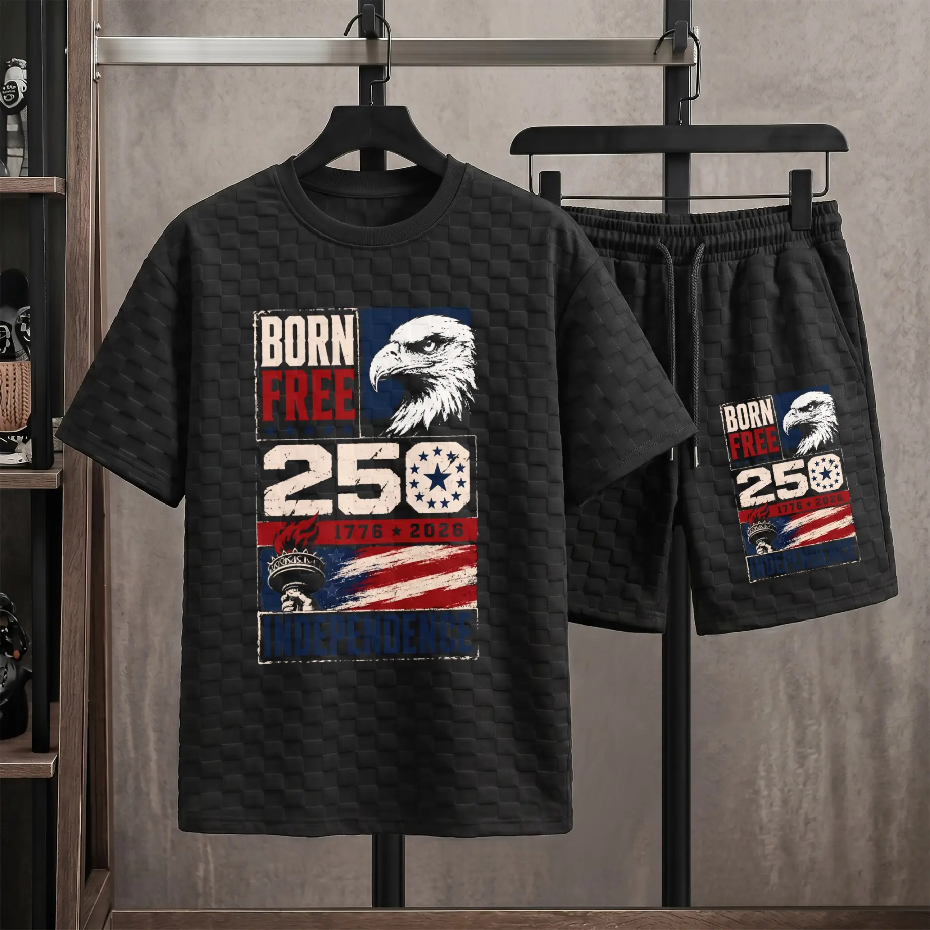 Men’s Born Free 250 Independence Eagle Graphic Textured T-Shirt & Drawstring Shorts Set, Patriotic Streetwear Two Piece Outfit