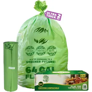 60-64 Gallon Compostable Trash Bags 12 Bags with Flat-Top Large Compost Bags Thick 1.57 Mil, 242.72 Liter Lawn and Yard  Bag for Outdoor Garden ASTM D6400,  BPI and OK Compost  Certified