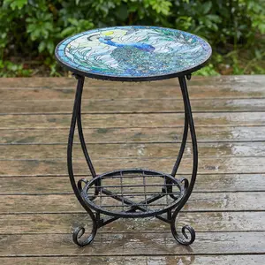 14 Inch Metal Frame Small End Table Storage Shelf Anti-Rust Round Accent Table Bedside Plant Stand for Yard Patio Porch Garden Living Room Bedroom