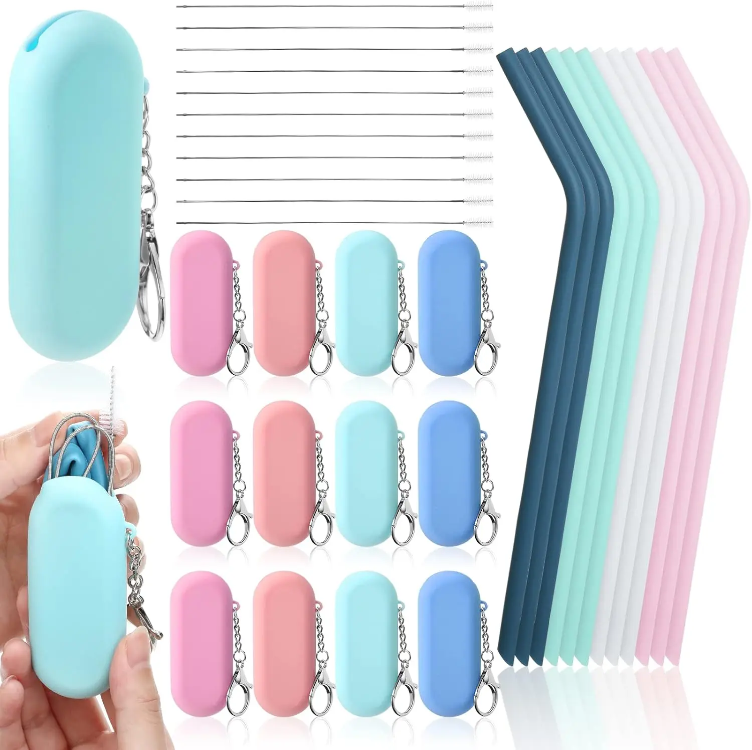 12-Pack Reusable Foldable Collapsible Drinking Straws Set with Synthetic Cleaning Brushes (Cleaning Tool), Carry Case, 4 Colors, Portable for Travel, Party Use with Cold/Hot Drinks, Ideal for Teens, Seniors, Adults