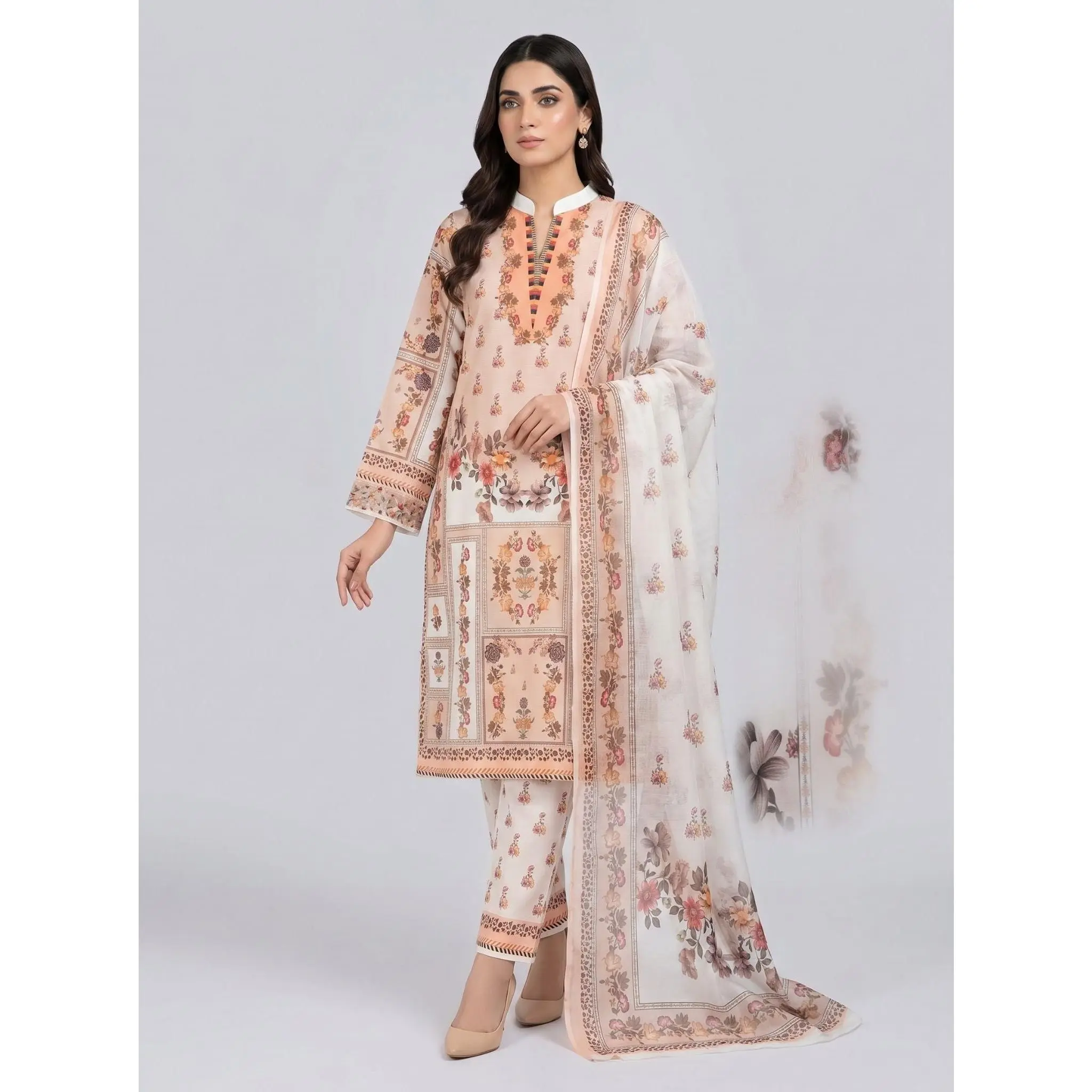 Women's Elegant Casual Long-Length Self-Printed Lawn Fabric Dress Set (3-Piece) with Plazo, Comes with Dupatta