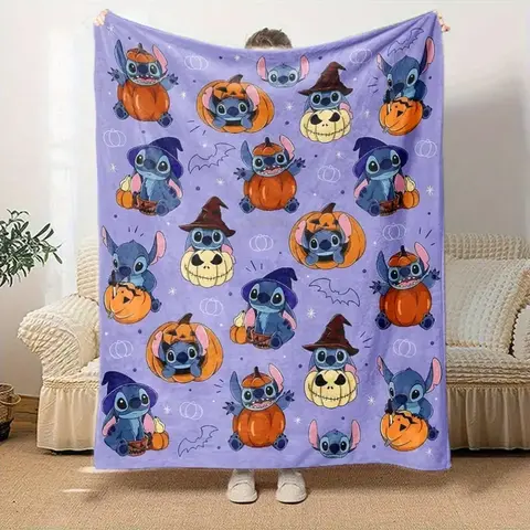 [SummerVibes] DISNEY CLASSIC Stitch Halloween Throw Blanket - Soft Flannel All-Season Blanket with Stitch & Pumpkin Design, Halloween Decorations