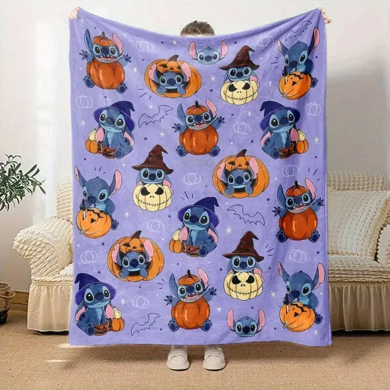 [SummerVibes] DISNEY CLASSIC Stitch Halloween Throw Blanket - Soft Flannel All-Season Blanket with Stitch & Pumpkin Design, Halloween Decorations