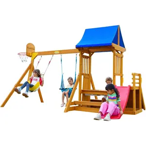 Kids Swing Sets for Backyard, Wooden Playground Sets for backyards with a Wave Slide, Rock Climbing Wall, Sandbox, 2 Swings, and More,6-in-1 Outdoor Playset