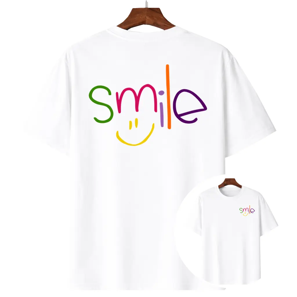 Colorful Smile Smiley Face Graphic T-Shirt, Casual Crew Neck Short Sleeve Top,Front & Back Print Happy Positive Slogan Tee