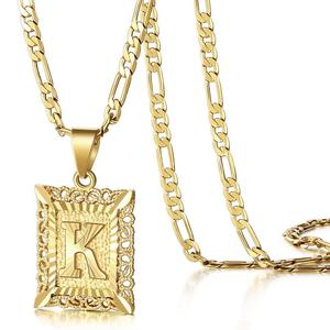 KissYan Initial Letter Pendant Necklace for Men & Women, 14K Gold Plated Copper Alphabet Necklace on Figaro Chain