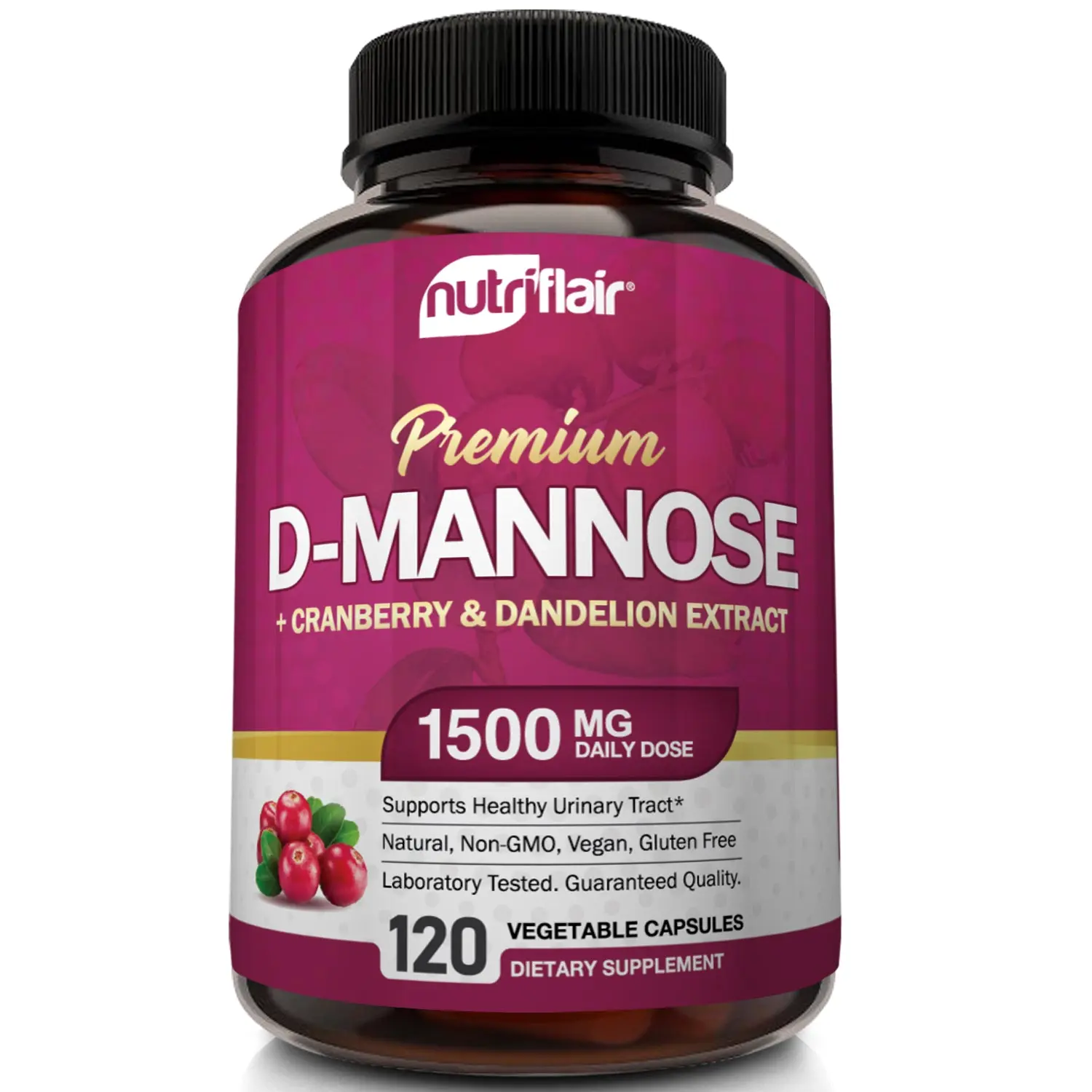 NutriFlair D-Mannose Cranberry & Dandelion Extract, Bladder & Kidney Health Vitamin Supplement, Natural Dairy-Free and Vegan-Friendly -120 Capsules