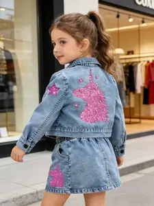 Girls' Spring Denim Set, Sequined Unicorn & Star Decorations, Long Sleeves Short Jean Jacket & Skirt, Fitted Design, Soft Washed Blue Fabric, Casual Style, Casual Outfit Set, Denim Skirt Sets, Casual Fashion Set, Skirts Sets