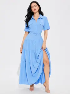 Women’s Blue Maxi Shirt Dress, Button Front Belted Cotton Dress with Collar & Short Sleeves