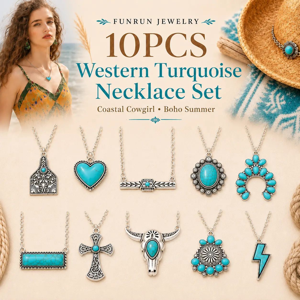 FUNRUN 10Pcs Western Turquoise Necklace Set for Women | Silver-Tone Cowgirl Pendants with Heart, Cross, Bull Skull, Horseshoe & Lightning | Boho Festival Jewelry