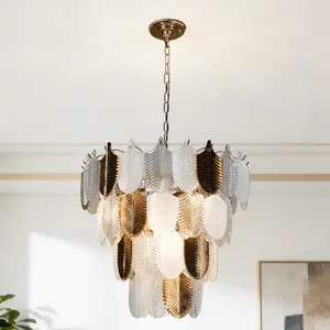 23.6 Inch Modern Copper 11-Light Leaf Chandelier, 4-Tier Glass Pendant for Dining Room Bedroom Kitchen Island