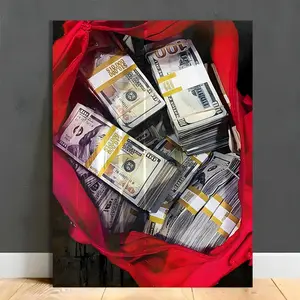 Cash Pattern Framed Painting of a Full Bag, 1 Piece Creative Canvas Wall Art, Modern Home Living Room Bedroom Study Decoration
