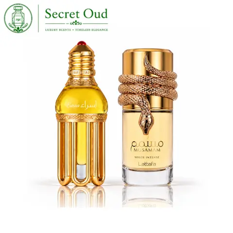 Lattafa Attar Israa & Musamam White 2-Piece Unisex EDP Spray Bundle - Sandalwood, Elegant Floral, Floral Citrus Notes, Bridal Vibe, Floral Sweet Perfume, Elegant Floral Fragrance