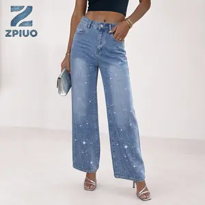 【Y2K Sparkly】Rhinestone Jeans for Women High Waisted Wide Leg Baggy Denim Pants for Country Concert Festival Night Out Party