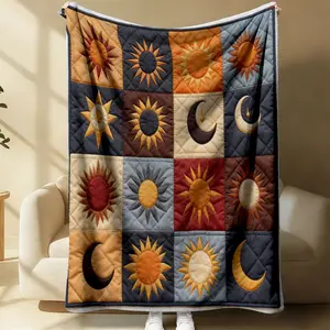 Sun and Moon Motifs Retro Patchwork Flannel Throw Blanket. Made of Soft Flannel Material, Suitable for Home Decoration, Camping and Travel. Vibrant Decorative Blanket with Lively and Enjoyable Design.