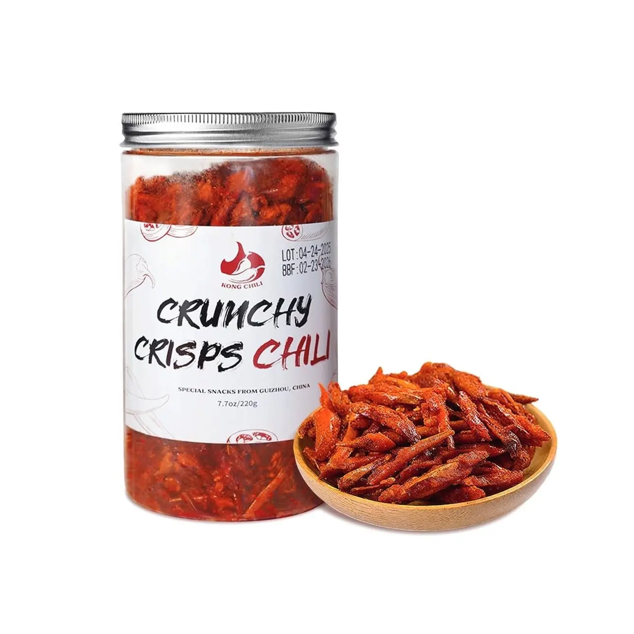 KONGCHILI Chinese Spicy Crispy Chili Snack with Sesame Seeds,Crispy Fried Spicy Chips, No MSG, Zero Sugar,Halal Certified Vegan Snack,Ready To Eat, 7.7oz,220g,Gourmet Crunchy Chili Crisp for Gifting & Parties