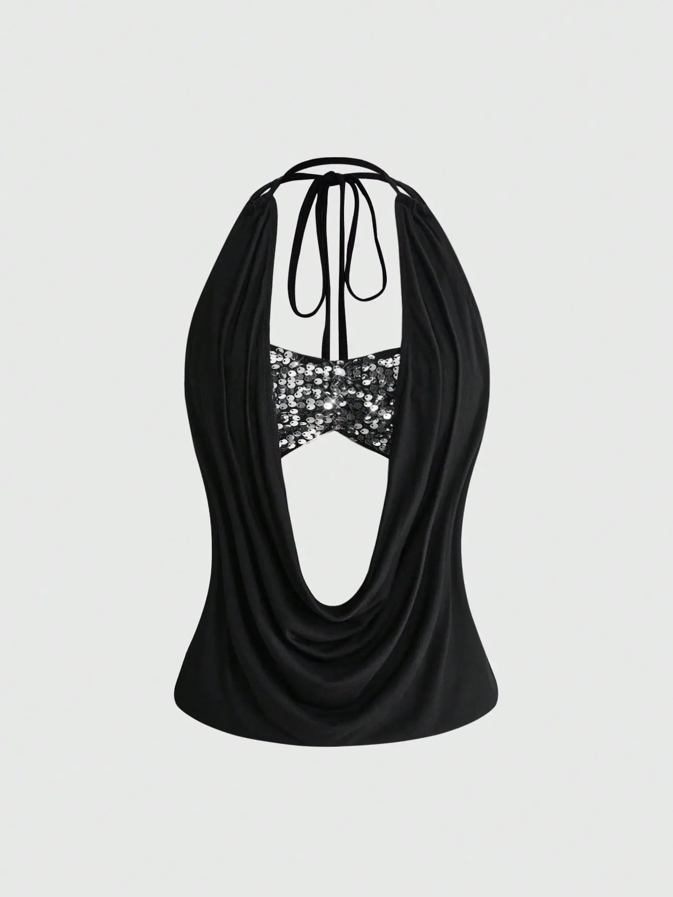 Women's Y2K Sequin Cowl Neck Halter Cami Top 2 Piece Backless Deep V Draped Neck Party Top