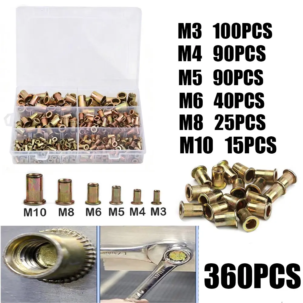 360pcs Carbon Steel Rivet Nuts Set, Zinc Alloy, Multiple Sizes, Includes Embedded Nuts, Threaded Parts, M3-M10 Bolts and Nuts, Hardware Kit, Assorted Nuts and Bolts, Nuts And Bolts Assortment Kit