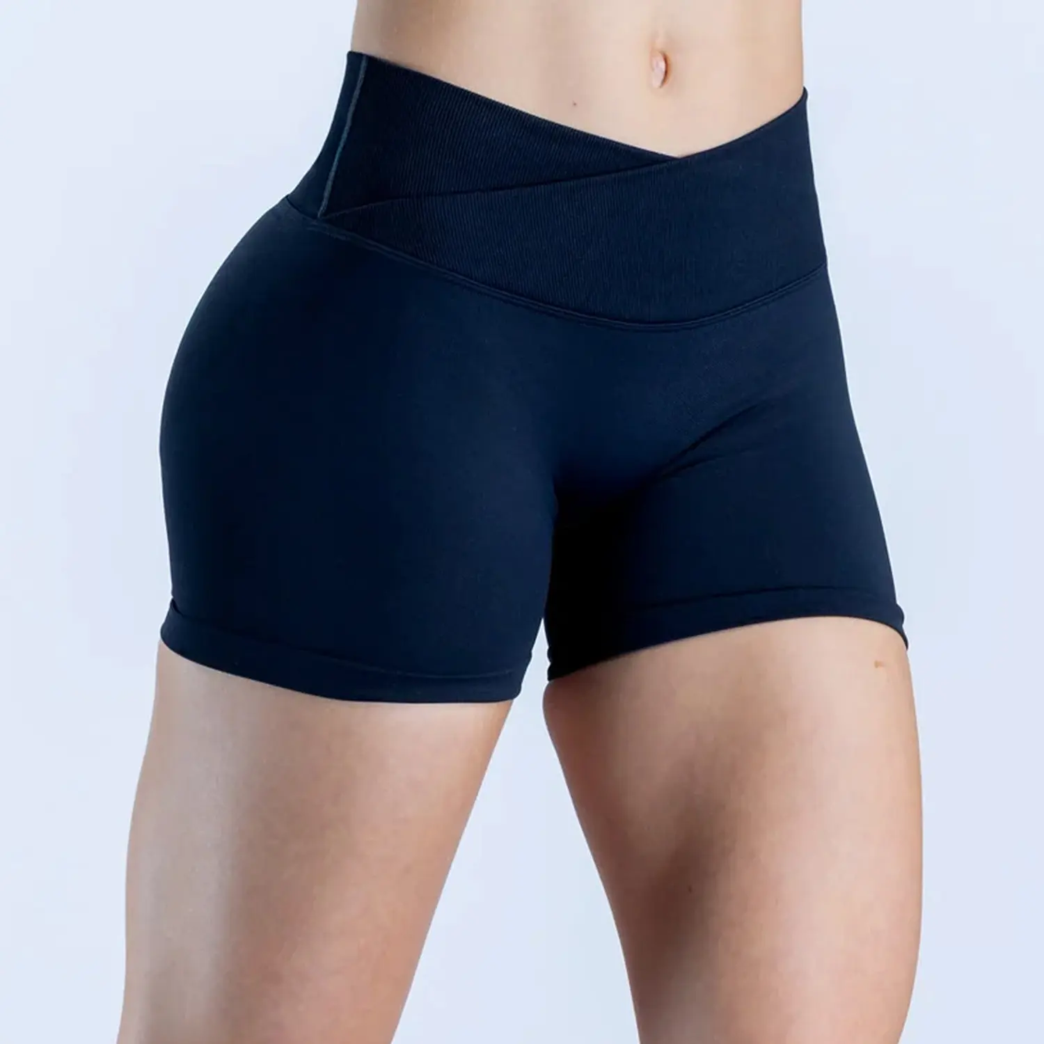 Women's Sporty Chic Ribbed Biker Shorts, Stretch Crossover V-High Waist, Butt Lifting, Slim-Fitting Nylon Blend Workout Wear for Yoga, Universal Sport