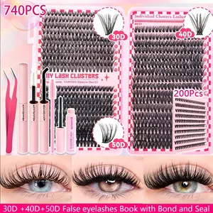 740pcs/280pcs False Eyelashes Extension Kit with Bond And Seal, Remover, Lash Brush 30D/40D/50D Various Style, Diy Lash Clusters Wispy Eyelash Set Individual Eyelash D Curl 9-16Mm Reusable Individual Lashes for Party, Stage, Festival, Makeup