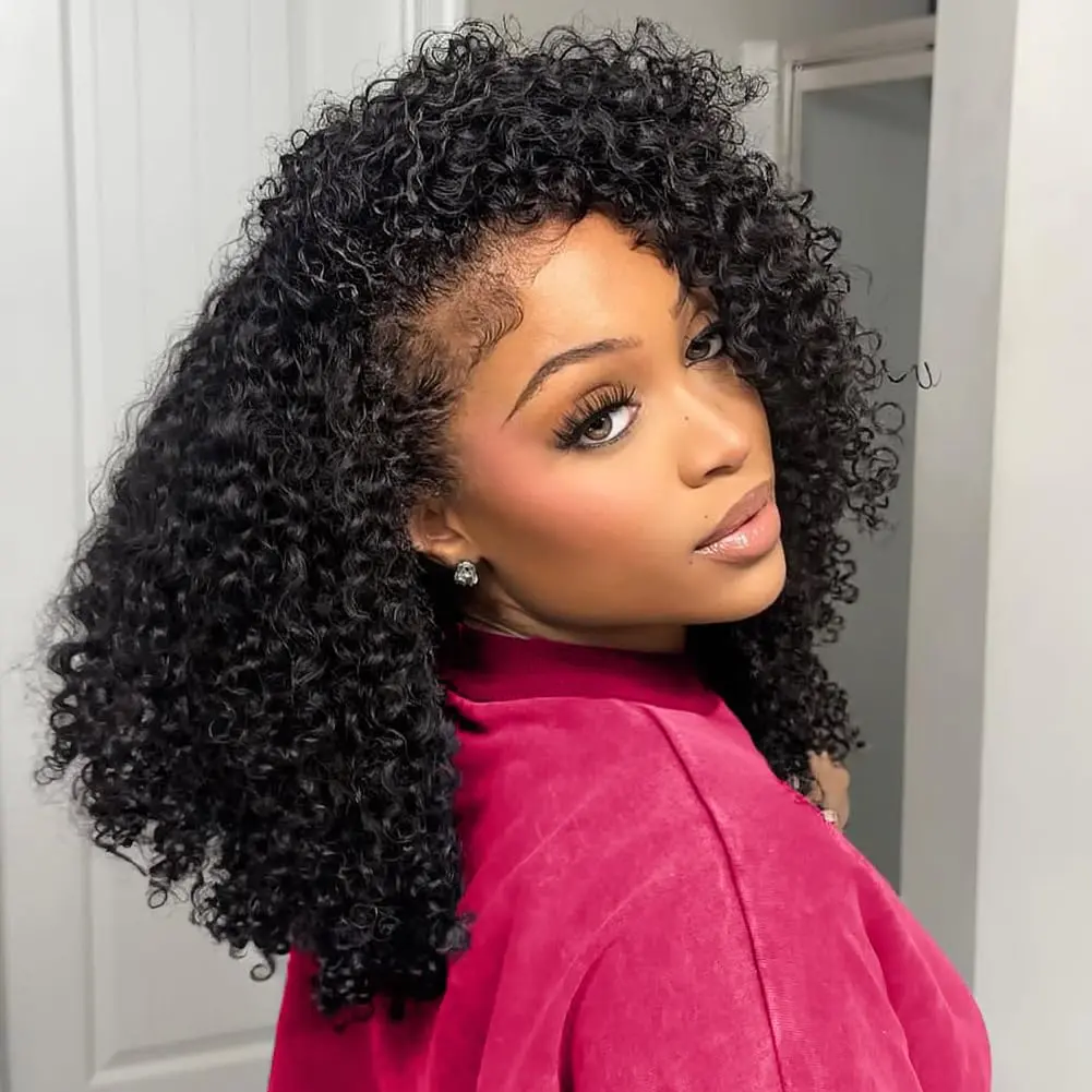 Half Wig Curly Hair Human Hair for Black Women, 210% Density Glueless Wear & Go Half Wigs, Spiral Wave Flip Over Drawstring Half Up Half Down Wig, Ready to Go Kinky Deep Wave Shaggy Curly Half Wig Natural Black