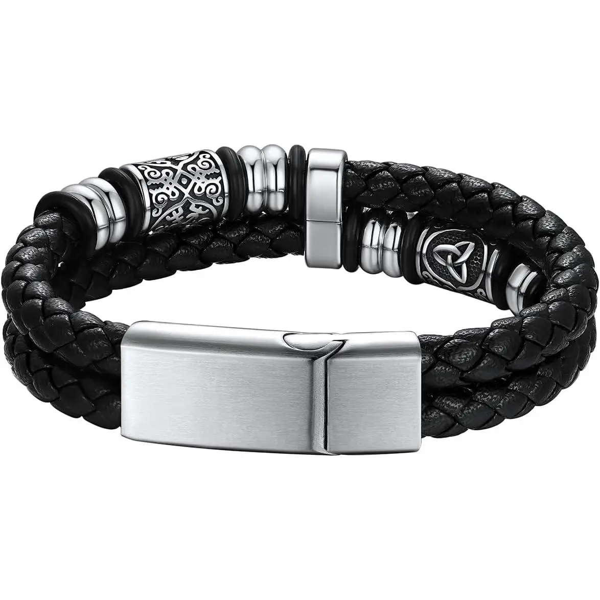 Leather Bracelet for Men Double-Row Braided Leather Bracelet Bangle Wristband with Stainless Steel Compass & Celtic Beaded Christmas Birthday Thanksgiving Day Gifts