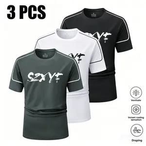 Multi-pack men’s solid-color crew-neck compression athletic T-shirts; quick-drying, breathable short-sleeve T-shirts suitable for running and fitness training; casual sports tops ideal for all seasons; sportswear featuring letter print design; loose, brea