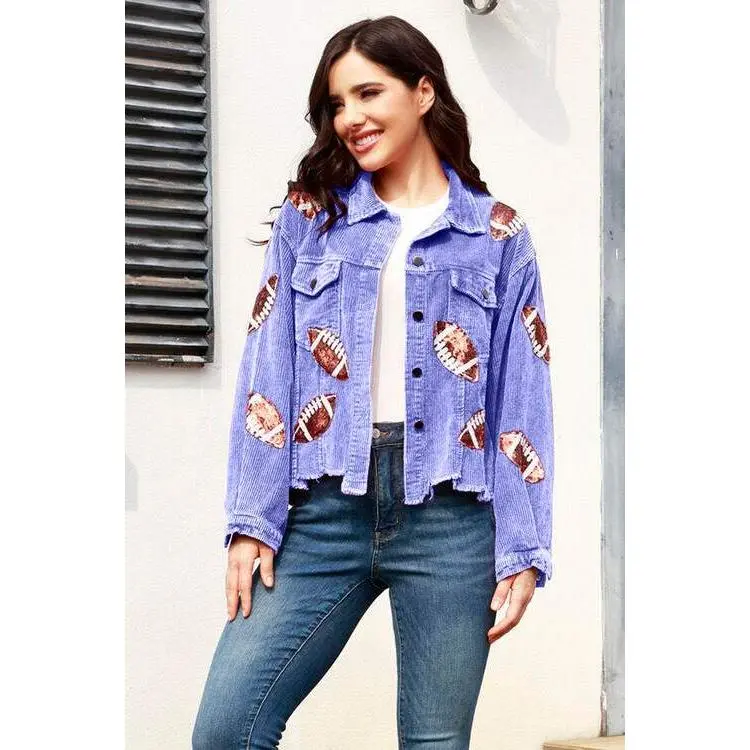 Football Sequin Raw Hem Collared Neck Jacket