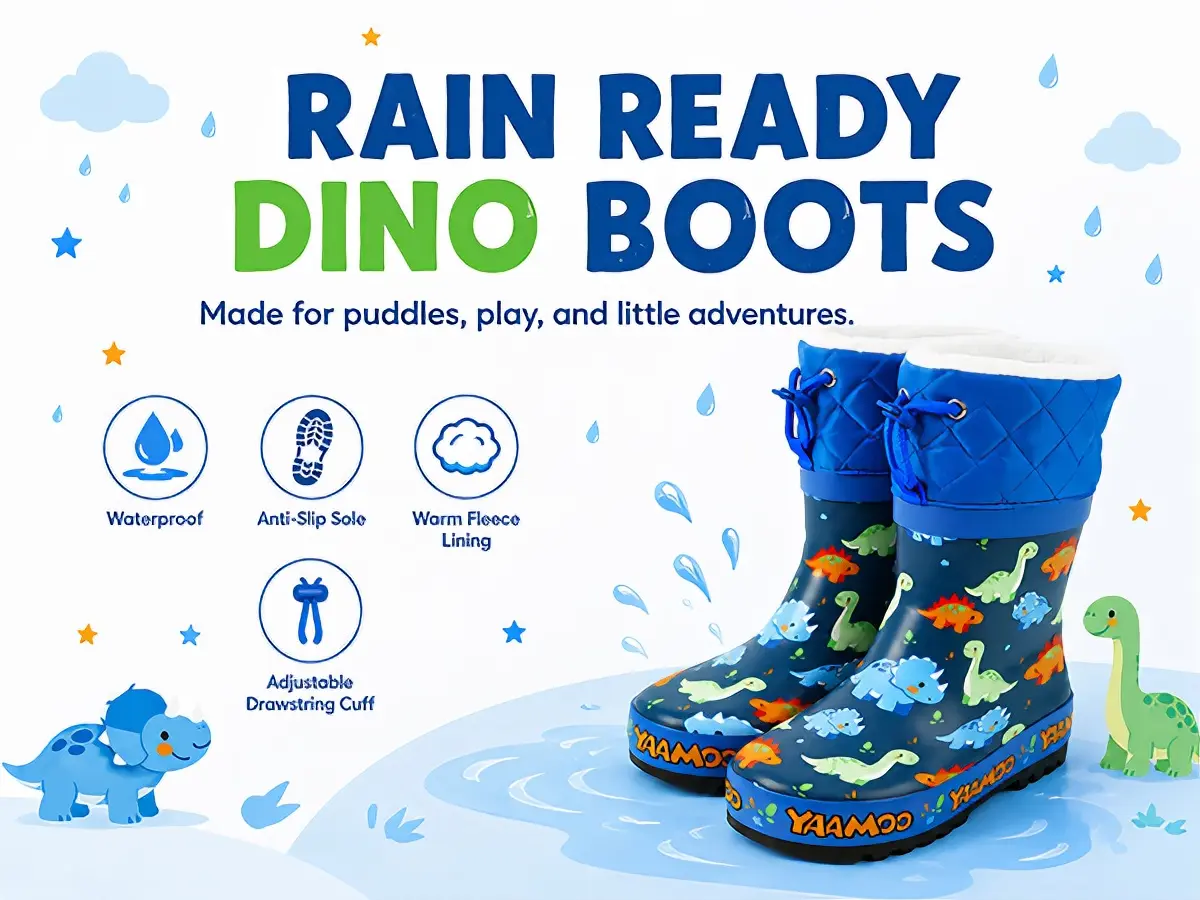 Kids Drawstring Fleece Lined Rain Boots, Waterproof Non-Slip Warm Blue Dinosaur Rain Shoes for Boys and Girls