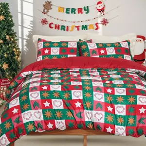 Country Style Christmas Bedding Set, King Size, Plaid Duvet Cover and Pillowcases, All-Season Use, Festive Home Decor