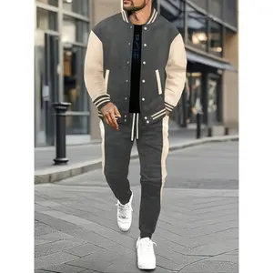[Color Block Baseball Set] Color Block Polyester Men's Casual Baseball Jacket & Pants Set - Button-Up with Belt Detail for Spring/Fall