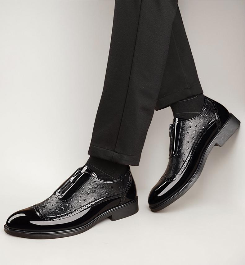 Men's Ostrich-Embossed Zipper Loafers, Brogue Formal Dress Shoes58096