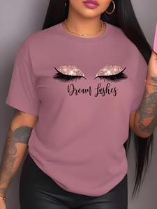 women's letter & eye print drop shoulder crewneck tee, fashion casual short sleeve round neck t-shirt for daily outdoor wear, apparel, ladies clothes for all seasons, women's tops, tshirt