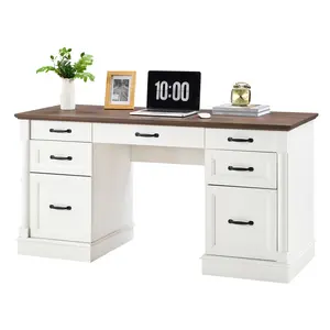 Office Desk，With Charging Station – Includes File Cabinet, Keyboard Tray & Storage Drawers，Modern Home Office Management Desk