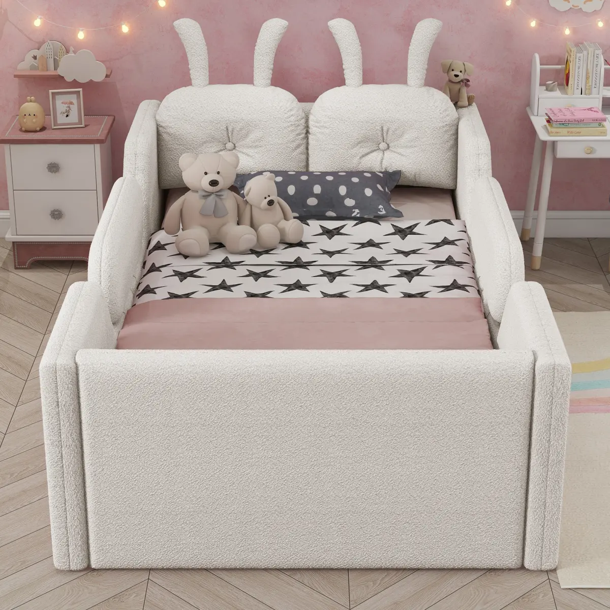 Twin Size Floor Bed Upholstered Platform Bed with Rabbit Cushion,  Twin Bed with Removable Side Rails, No Box Spring Needed