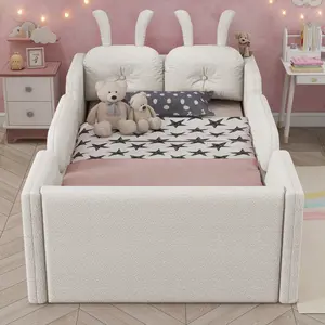 Twin Size Floor Bed Upholstered Platform Bed with Rabbit Cushion,  Twin Bed with Removable Side Rails, No Box Spring Needed