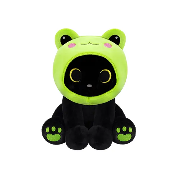 Frog Plush Toy, Cute Black Cat Plush with Removable Frog Hat 8" Soft Plushie Cute Stuffed Animal Pillow for Kids, Birthday Gift for Boys and Girls and Adults