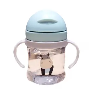 Kids Leak-Proof Cartoon Animal Straw Training Cup 300ml, Silicone Anti-Drop Water Bottle with Strap Portable, Toddler Outdoor Drinking Bottle for Preschool Travel School Office