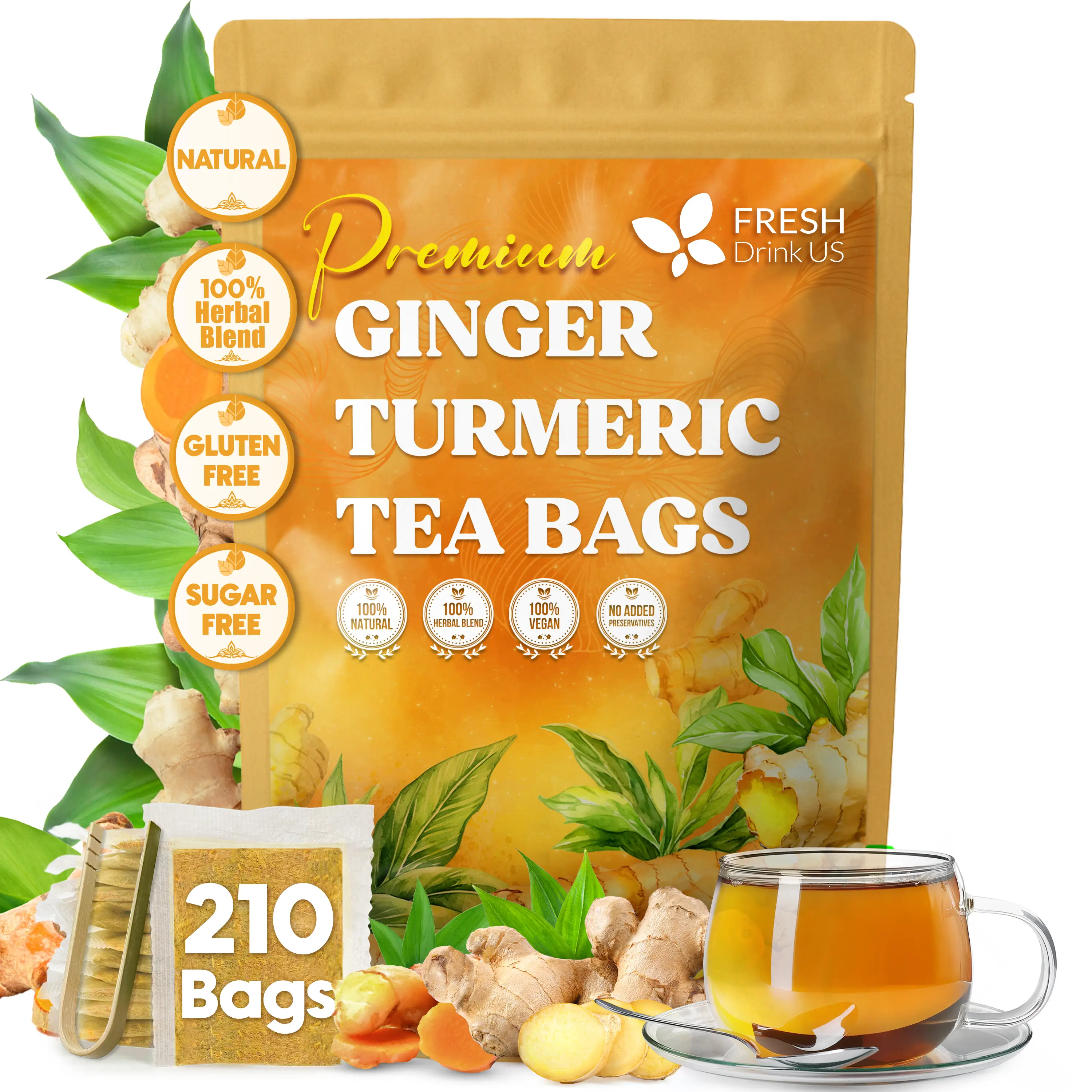 Premium 210 Turmeric Ginger Tea Bags, 100% Natural Ingredients, Hand-made Blend of Turmeric and Ginger, Eco-conscious Tea Bags. Turmeric Ginger Herbal