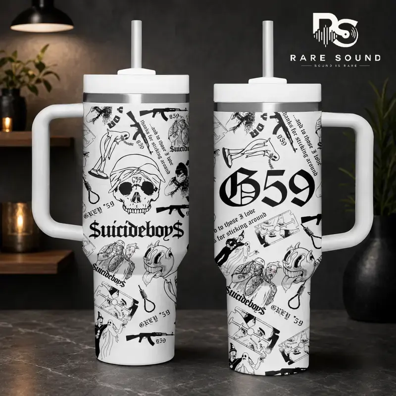 [Rare Sound] $uicideboy$ G59 40oz Tumbler with Handle & Straw, Grey Five Nine Underground Rap Insulated Cup, Skull Punk Hip Hop Travel Mug, Dark Rap Music Fan Gift for Collectors