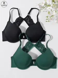 2pcs Of Back Lace Ladies Backless Bra Set Front Buckle Steel Ring Models Adjustable Straps Sexy Medium Support Breathable Underwear